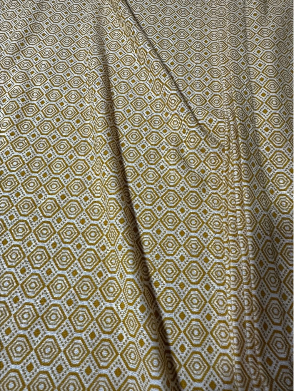 Vintage 70s Mid-Century Panel Geometric Woven Jacquard 1 Pr Gold Hexagon Drapes